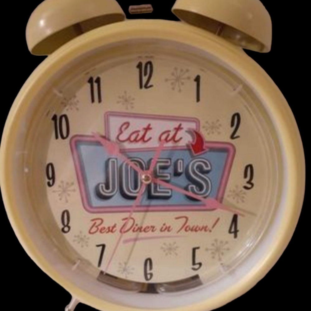 NIB Twin Bell Neon Light Up Alarm Clock, "Eat at Joe's - Best Diner in Town!"